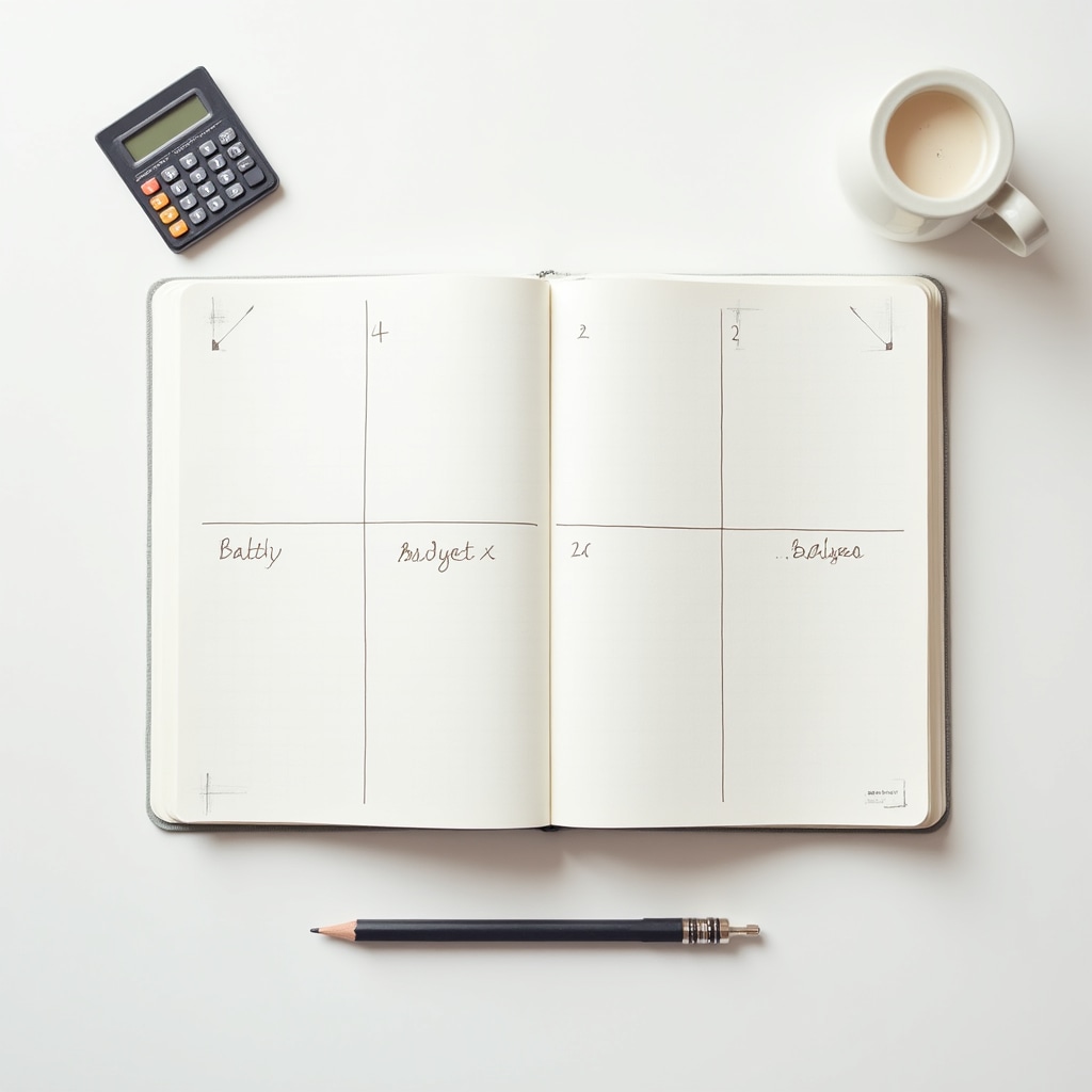 Notebook open to a clean budget page with pencil and calculator on a white surface