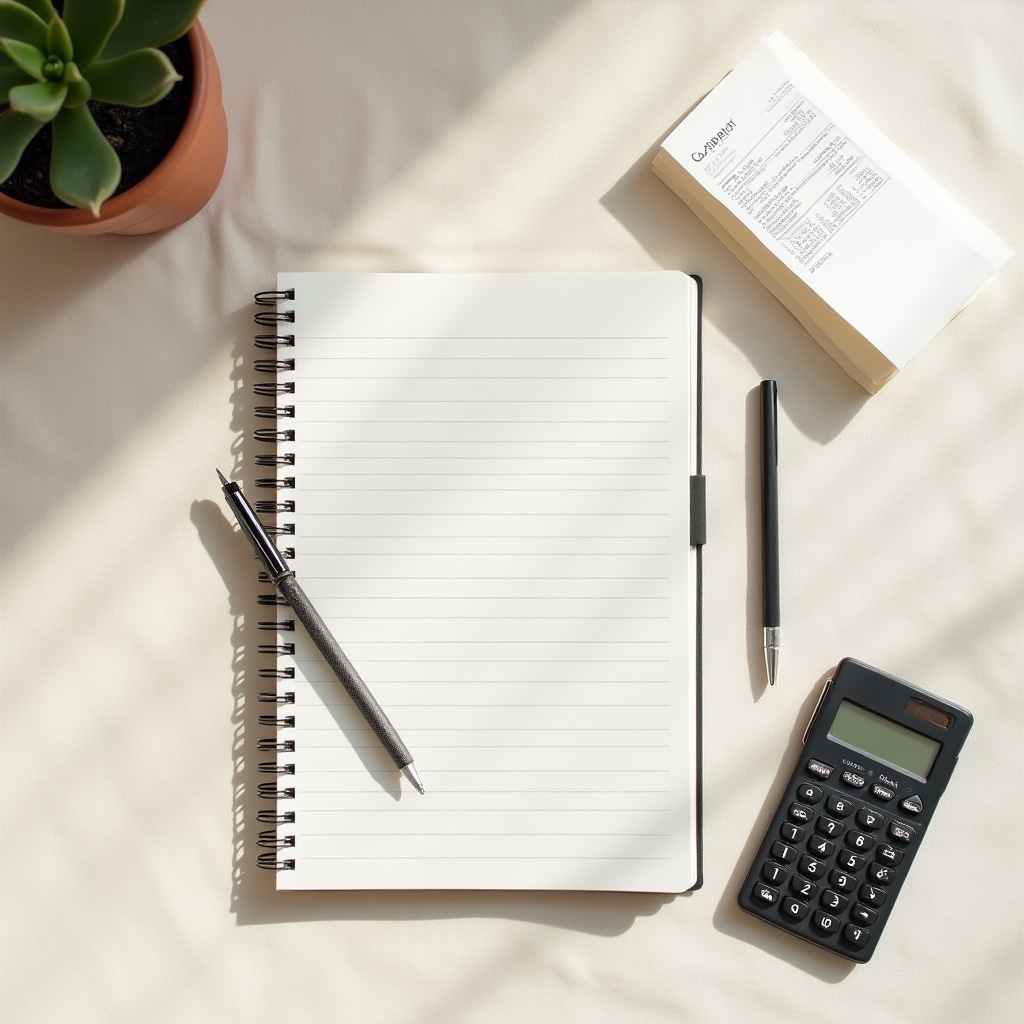 Clean workspace with notebook and pen for budgeting planning