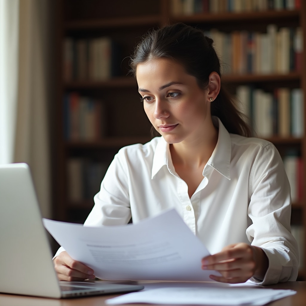 Person reviewing financial documents with focused expression at home desk