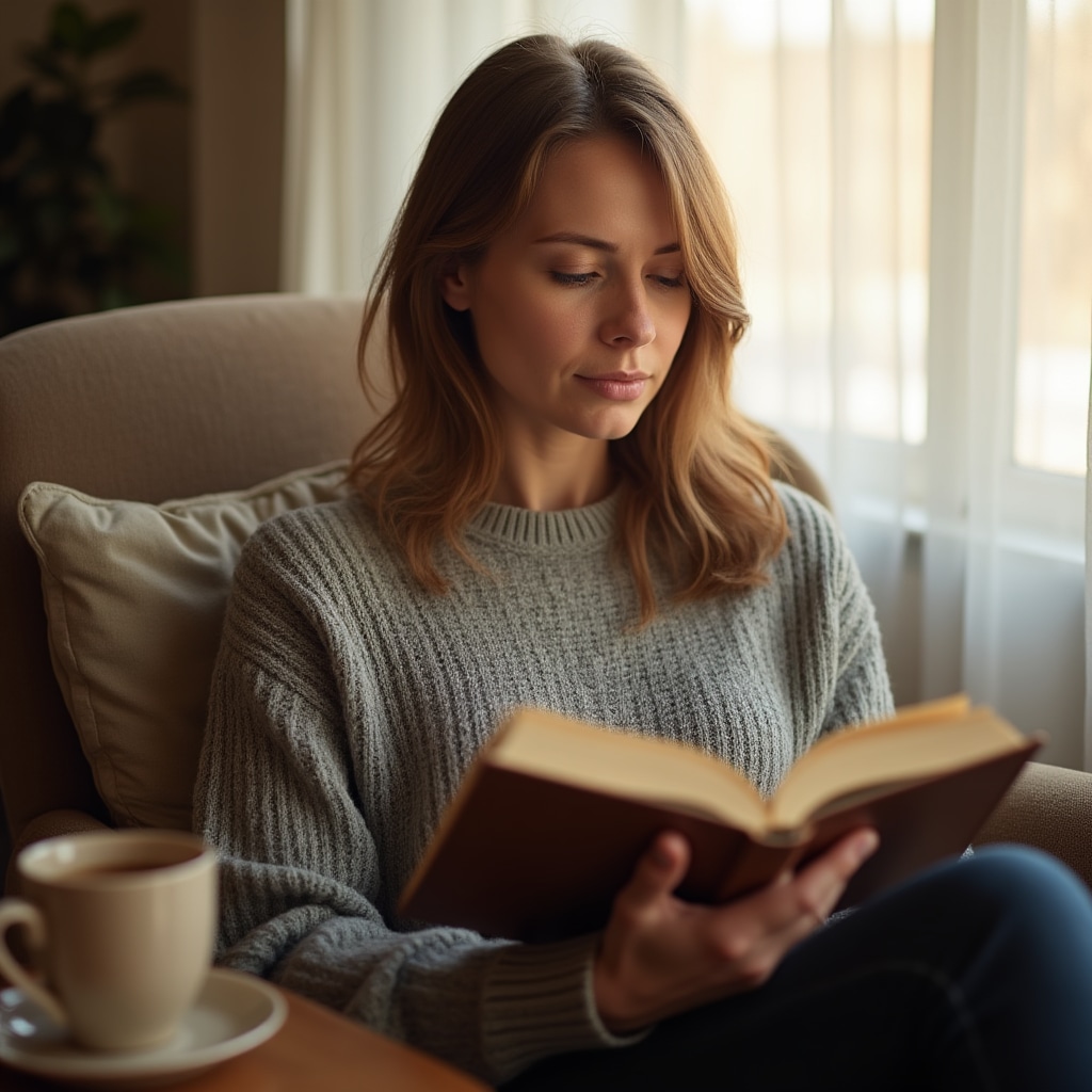 Person reading financial guide with coffee in a calm home environment, warm natural light