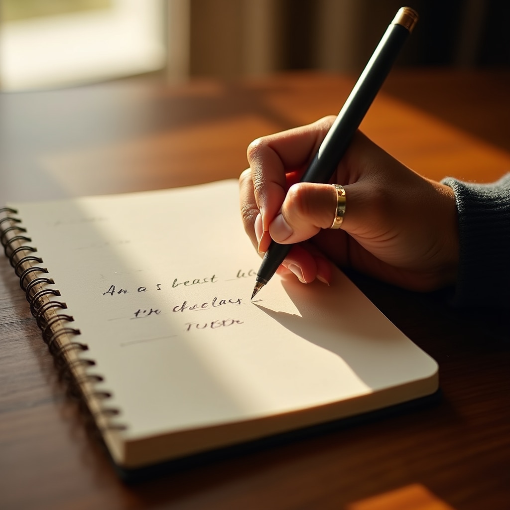 Close-up of a hand writing in a small notebook with a pen, morning light, simple desk setting