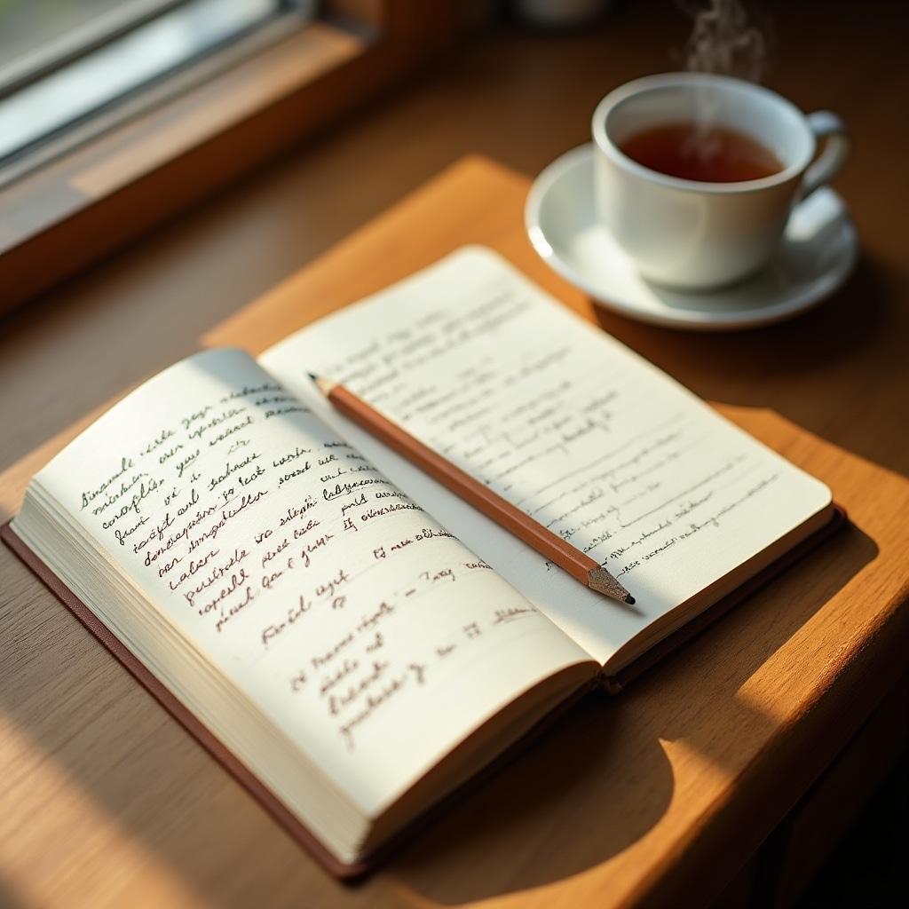 Open notebook with handwritten financial notes beside a cup of tea, warm contemplative atmosphere